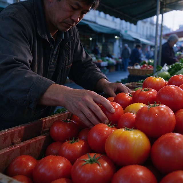 Candid documentary photograph of an adult market vendor arranging ripe tomatoes at an outdoor produce stall, cool early-morning side light, 50mm lens with shallow depth of field, condensation droplets beading on the tomato skins. — Seedream 5.0 Flash