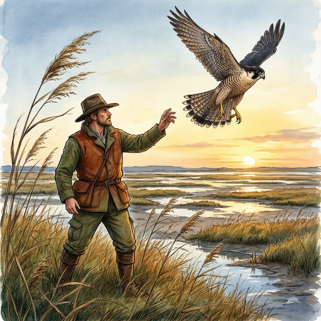 Ink-and-gouache illustration of an adult falconer releasing a hawk above a salt marsh, reeds bending in the wind and tidal pools catching sunset. Palette of rust, moss green, pale gold, and slate blue, with lively brushwork. — Qwen Image 3.0 Pro