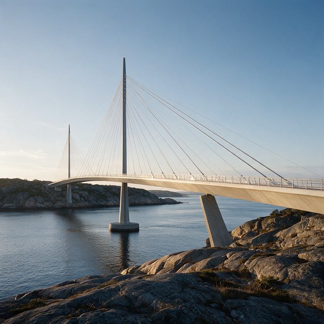 Across a sheltered coastal inlet, a contemporary high-tech cable-stayed bridge spans between granite shores, its slender steel pylons and pale concrete deck catching cool sunrise light; viewed from a rocky bank, straight lines and credible engineering define the scene. — Seedream 5.0 Pro