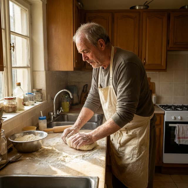 Documentary photo of a home kitchen mid-morning, flour dust in a shaft of window light, an older man kneading dough, natural light only. — Qwen Image 3.0 Pro