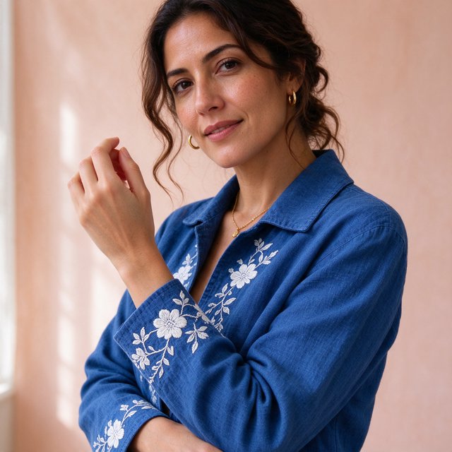 Fashion portrait of an adult Latina woman in her late 20s wearing a handwoven cobalt-blue cotton jacket, one hand touching its embroidered cuff, curious half-smile, against a pale peach studio backdrop, soft diffused window light shaping her face. — Seedream 5.0 Flash