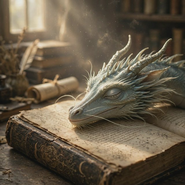 A mystical dragon's head, slender and dreamy, rests upon the yellowed pages of an ancient tome, the cover worn and mysterious, as soft warm light pours in through a nearby window, casting a serene ambiance, the air thick with the scent of old parchment and forgotten knowledge. — Muse Image 1.0