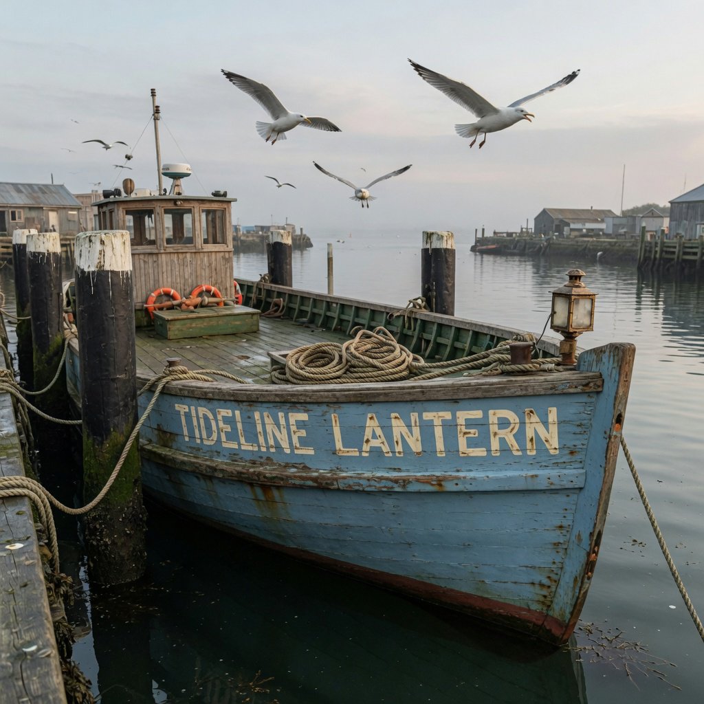 At a quiet harbor, a weathered wooden ferry rests beside slick pilings, ropes coiled on deck as gulls wheel overhead; "TIDELINE LANTERN" is painted in faded ivory letters along the blue hull. — Grok Imagine Image Quality
