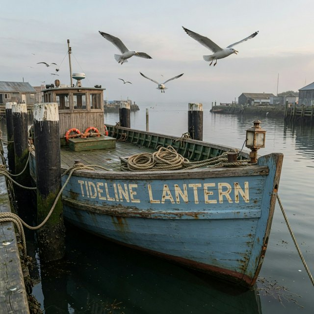 At a quiet harbor, a weathered wooden ferry rests beside slick pilings, ropes coiled on deck as gulls wheel overhead; "TIDELINE LANTERN" is painted in faded ivory letters along the blue hull. — Grok Imagine Image Quality