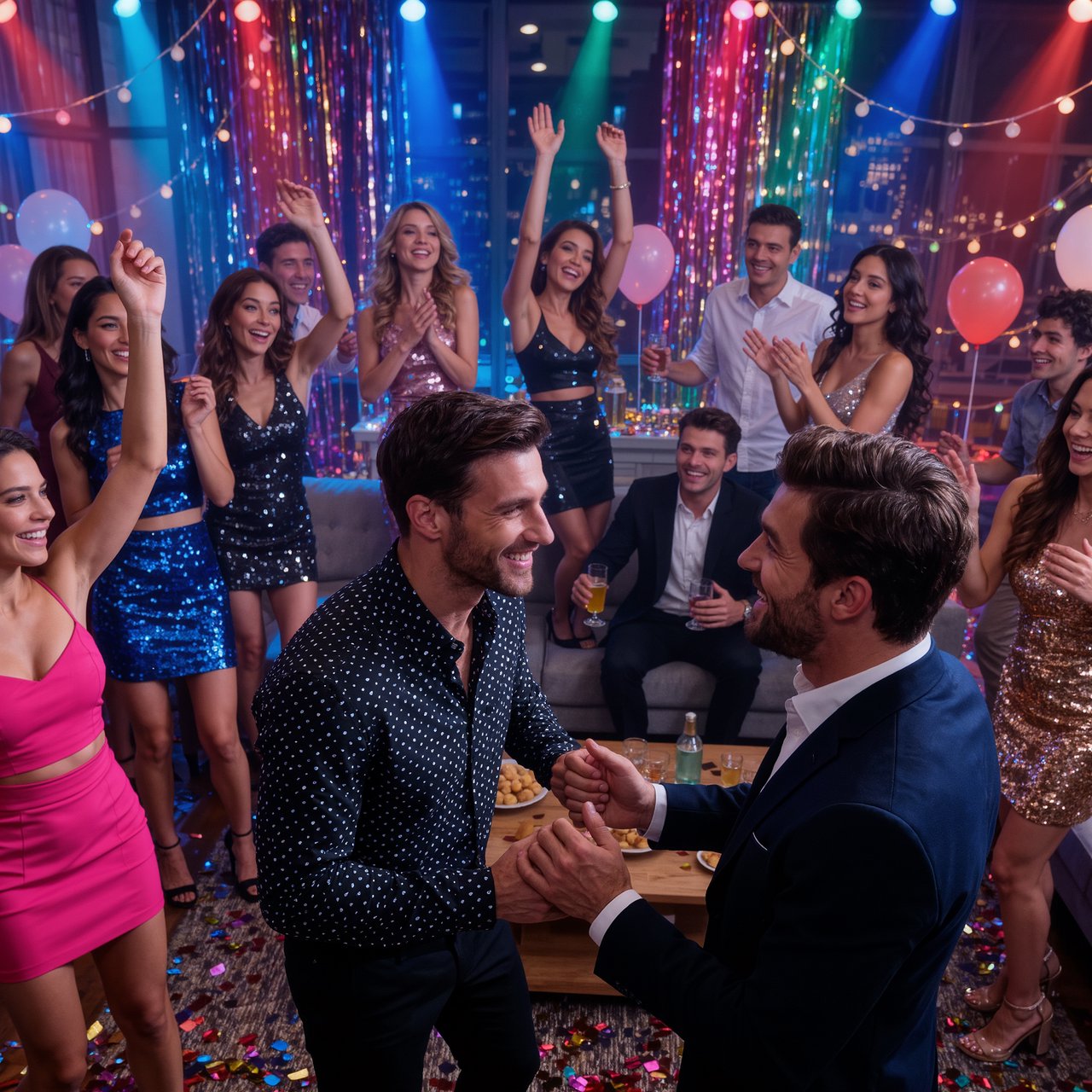 Realistic house party. Mostly adult women wearing clubwear. For every adult man, there are at least three adult women. Many angles. Vibe: very lively and fun. — Kling v3 Omni