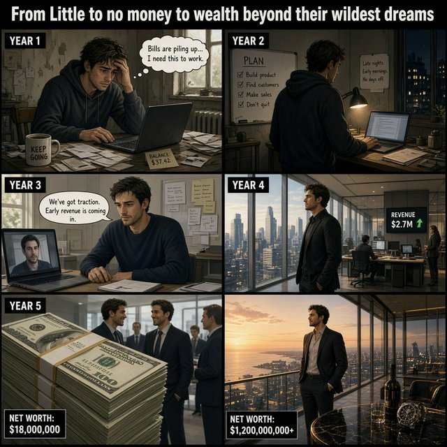 Realistic comic. At least 4 panels. It showcases 5 years of someone's life, from the first year, when they struggled to make money, to the fifth year, when they are worth millions to billions of dollars. Make sure money is seen at least once in the image. At the top, it says "From Little to no money to wealth beyond their wildest dreams". — Grok Imagine Image 2