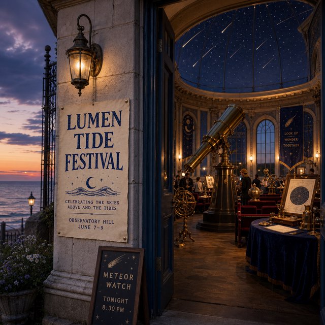 At a restored seaside observatory, a twilight meteor-watching event fills the domed hall with brass instruments, star charts, and velvet benches; "LUMEN TIDE FESTIVAL" is hand-printed in deep blue ink across a cream paper announcement beside the entrance. — GPT Image 2