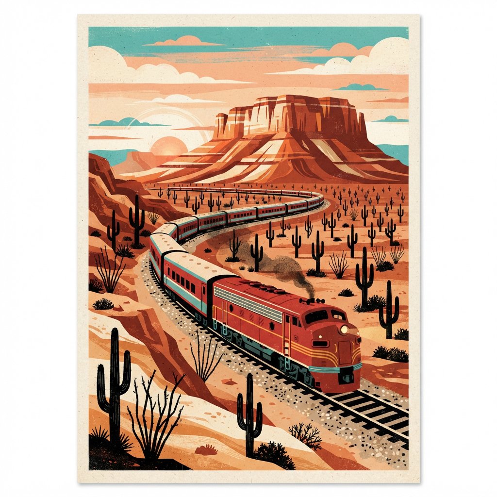 At dawn, a scarlet desert train curves past saguaro silhouettes toward a mesa; screen-printed gouache illustration in mid-century travel-poster style, palette of rust, turquoise, sand, and cream, no lettering. — Nano Banana 2 Lite