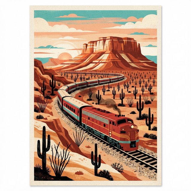 At dawn, a scarlet desert train curves past saguaro silhouettes toward a mesa; screen-printed gouache illustration in mid-century travel-poster style, palette of rust, turquoise, sand, and cream, no lettering. — Nano Banana 2 Lite