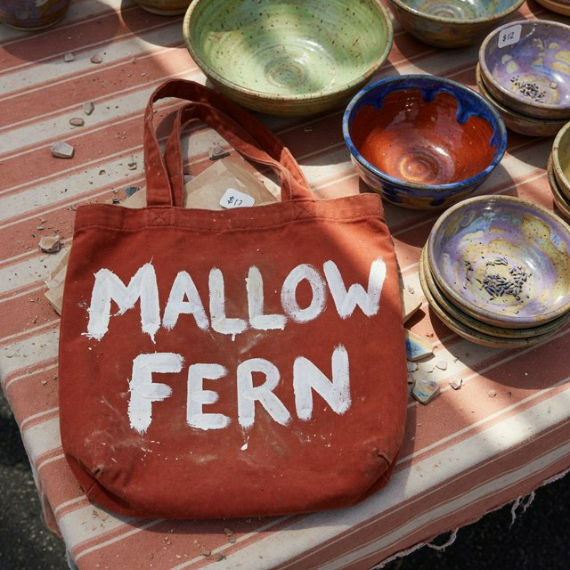 Sunlight pools over a pottery market table, where a rust-red canvas tote rests beside glazed bowls; "MALLOW FERN" is hand-painted in chunky white letters on its front, with no other legible writing. — Model 6