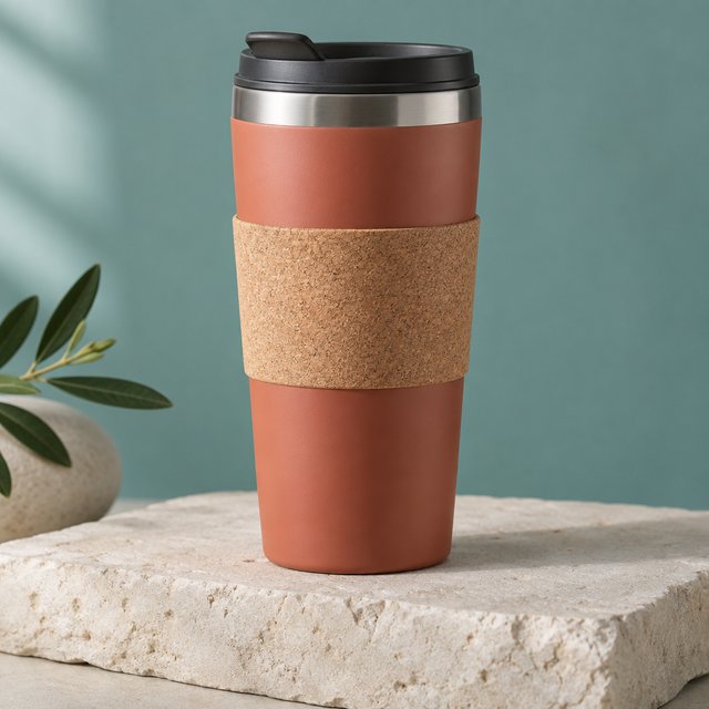 Commercial product photograph of an unbranded insulated travel mug made from matte terracotta powder-coated steel with a cork grip, standing on a pale limestone slab against a soft teal background, lit by broad diffused window light and a gentle edge light. — GPT Image 2.5 Sunburst