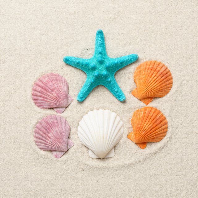 Exactly five seashells lie on pale sand: two pink shells on the left, one white shell in the center, and two orange shells on the right. A turquoise starfish sits above the center shell, nothing else. — Qwen Image 3.0