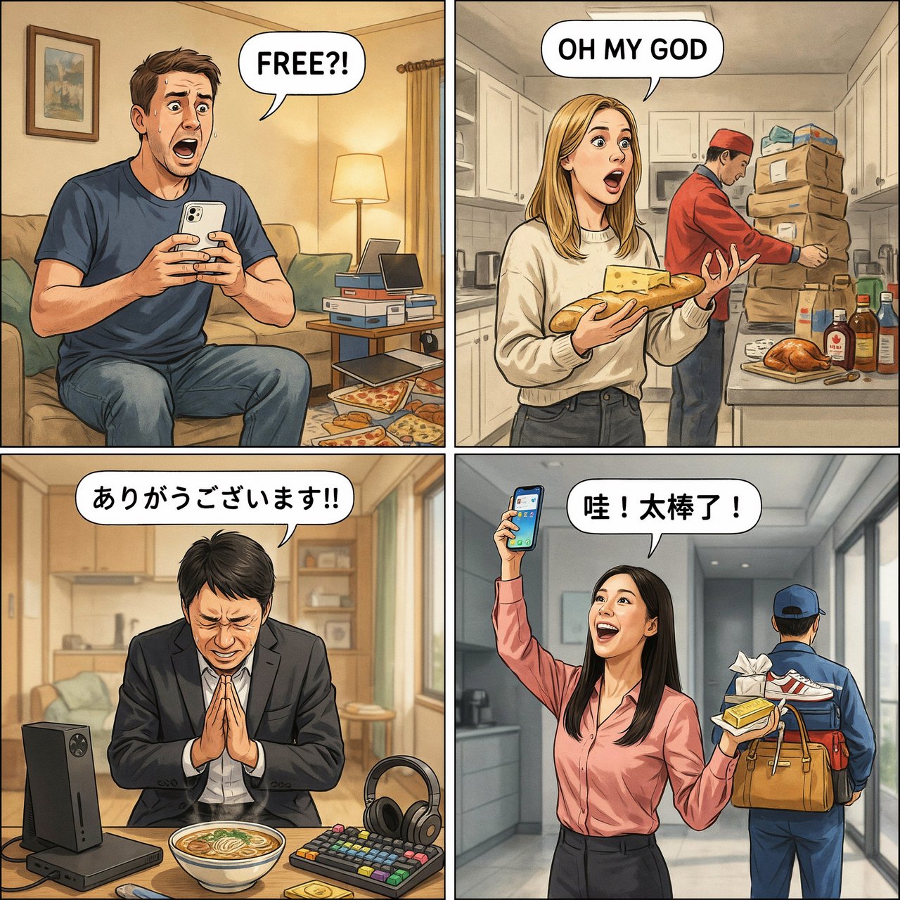 Realistic. Adults in the U.S., Canada, and Asia getting a ton of expensive free stuff (phones, PCs, nice food, and all kinds of other things). 4–6 panels. The adults react in the way one would expect as a result. — Ideogram v4