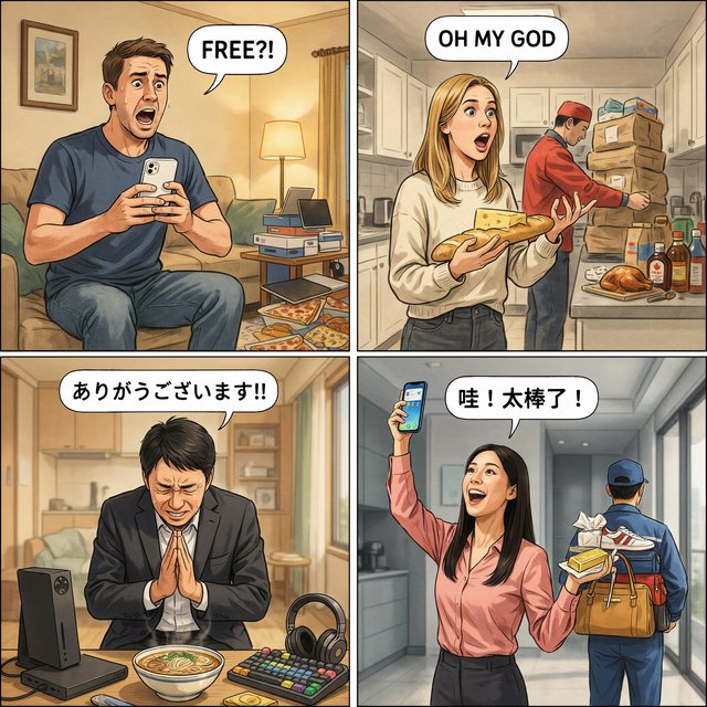 Realistic. Adults in the U.S., Canada, and Asia getting a ton of expensive free stuff (phones, PCs, nice food, and all kinds of other things). 4–6 panels. The adults react in the way one would expect as a result. — Ideogram v4