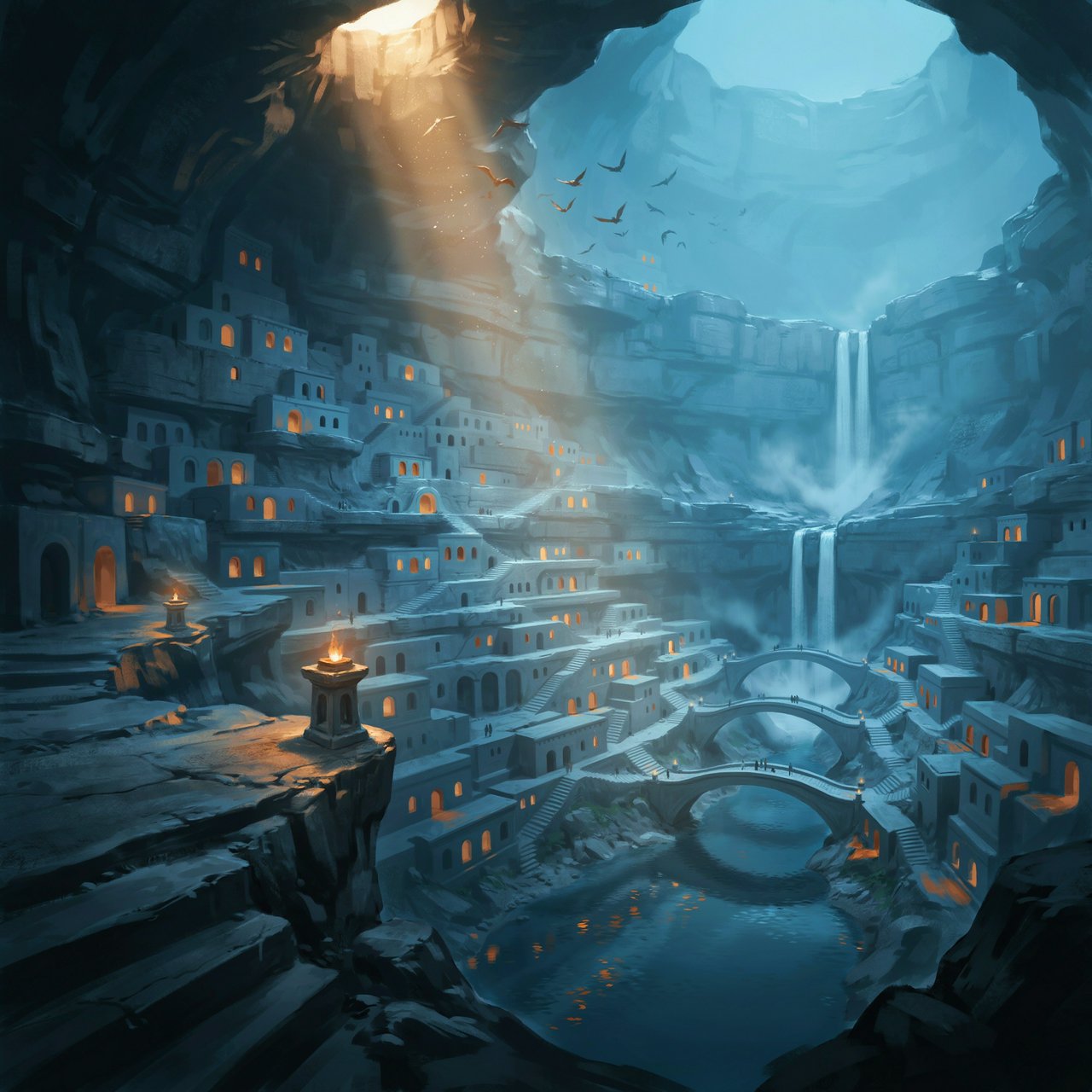 An ancient city carved inside a hollow mountain glows with windowlight, its terraced bridges spanning a blue-lit cavern while mineral mist rises around distant waterfalls and a narrow beam of sunrise reaches the deepest plaza. — Ideogram v4