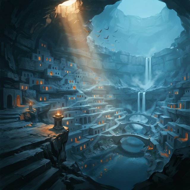 An ancient city carved inside a hollow mountain glows with windowlight, its terraced bridges spanning a blue-lit cavern while mineral mist rises around distant waterfalls and a narrow beam of sunrise reaches the deepest plaza. — Ideogram v4