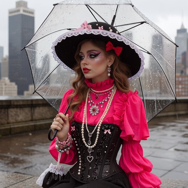 A whimsical gothic woman sitting on a ledge overlooking the city. — Recraft v4 Pro