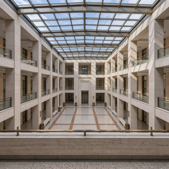A soaring civic atrium in contemporary Italian Rationalist style pairs pale travertine, bronze mullions, and terrazzo beneath a glazed roof; cool morning light falls from above, viewed from a mezzanine, with aligned bays and credible supports. — FLUX 3 Image