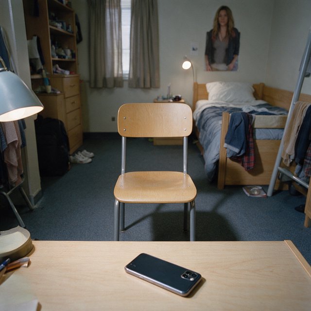 A dorm room belonging to an adult woman, photographed with a cell phone. The camera is sitting on a desk facing the empty chair and the rest of the room. — Seedream 5.0 Pro
