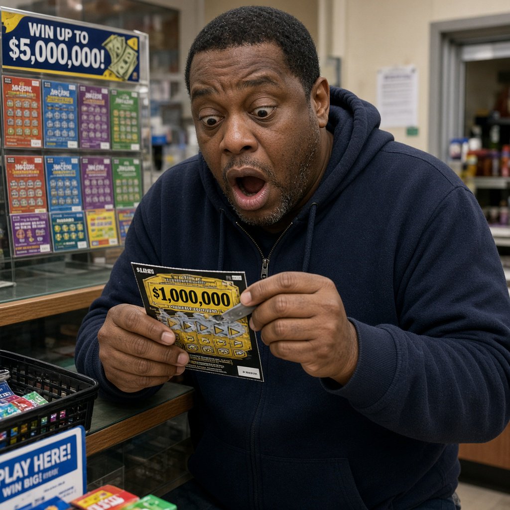 A realistic scene of a random adult person, either Black, white, or Asian, scratching a scratch ticket and discovering that they have won one million dollars. — Grok Imagine Image 2