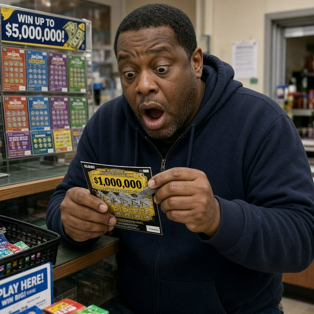 A realistic scene of a random adult person, either Black, white, or Asian, scratching a scratch ticket and discovering that they have won one million dollars. — Grok Imagine Image 2
