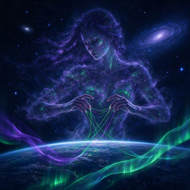 A cinematic wide-angle shot of an ethereal, gigantic adult female entity composed of stardust and nebulae. She hovers in the deep black of space, directly above the curvature of the Earth. Her fingers move like a harpist's, weaving luminous, emerald-green and violet aurora threads directly into the Earth's atmosphere. The polar lights appear like liquid silk, wrapping themselves around the planet. Realistic play of light, mystical atmosphere, bioluminescent colors, deep indigo and neon green. — Seedream 5.0 Flash
