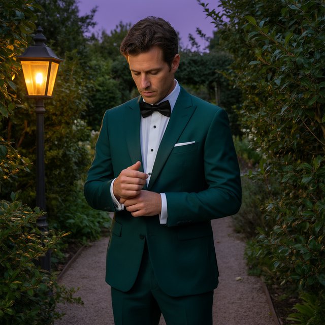 Along a garden path at violet dusk, an adult man in a midnight-green dinner suit adjusts one cuff beneath warm lantern glow, caught in a quiet pre-event pause with glossy leaves and elegant magazine polish. — Qwen Image 3.0