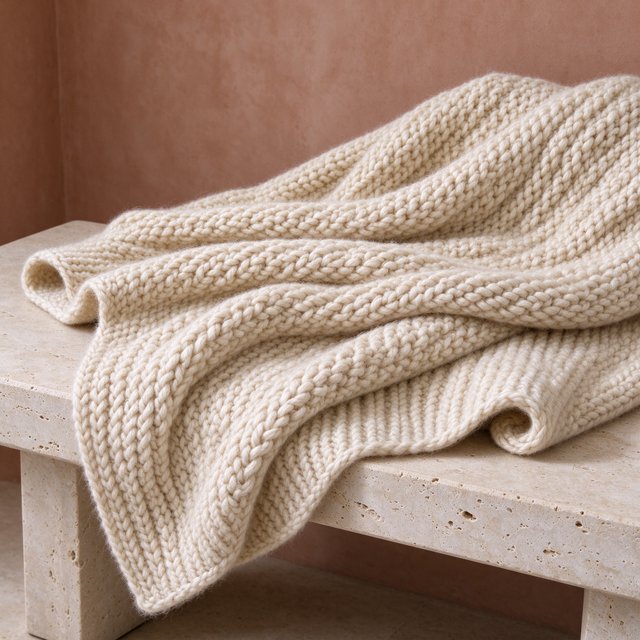 Soft folds of an unbranded chunky-knit wool throw rest on a pale travertine bench; its looped surface catches broad diffused key light and gentle side fill against a muted terracotta studio background, forming a clean commercial product image with no lettering. — Model 19
