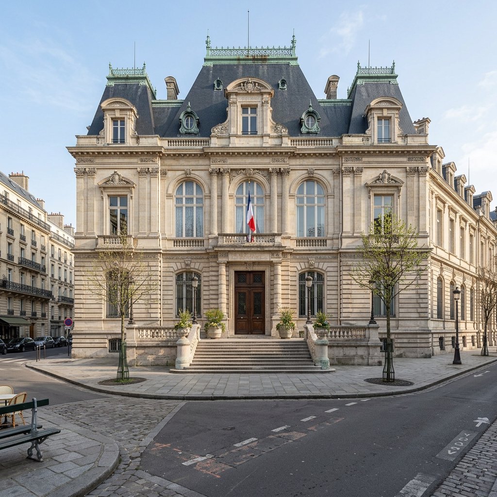 Exterior of a French Second Empire town hall with pale limestone, a dark mansard roof, copper cresting, and tall arched windows; clear spring light falls across the entrance terrace, viewed from the quiet street corner, precise lines and believable construction. — Nano Banana 2.1