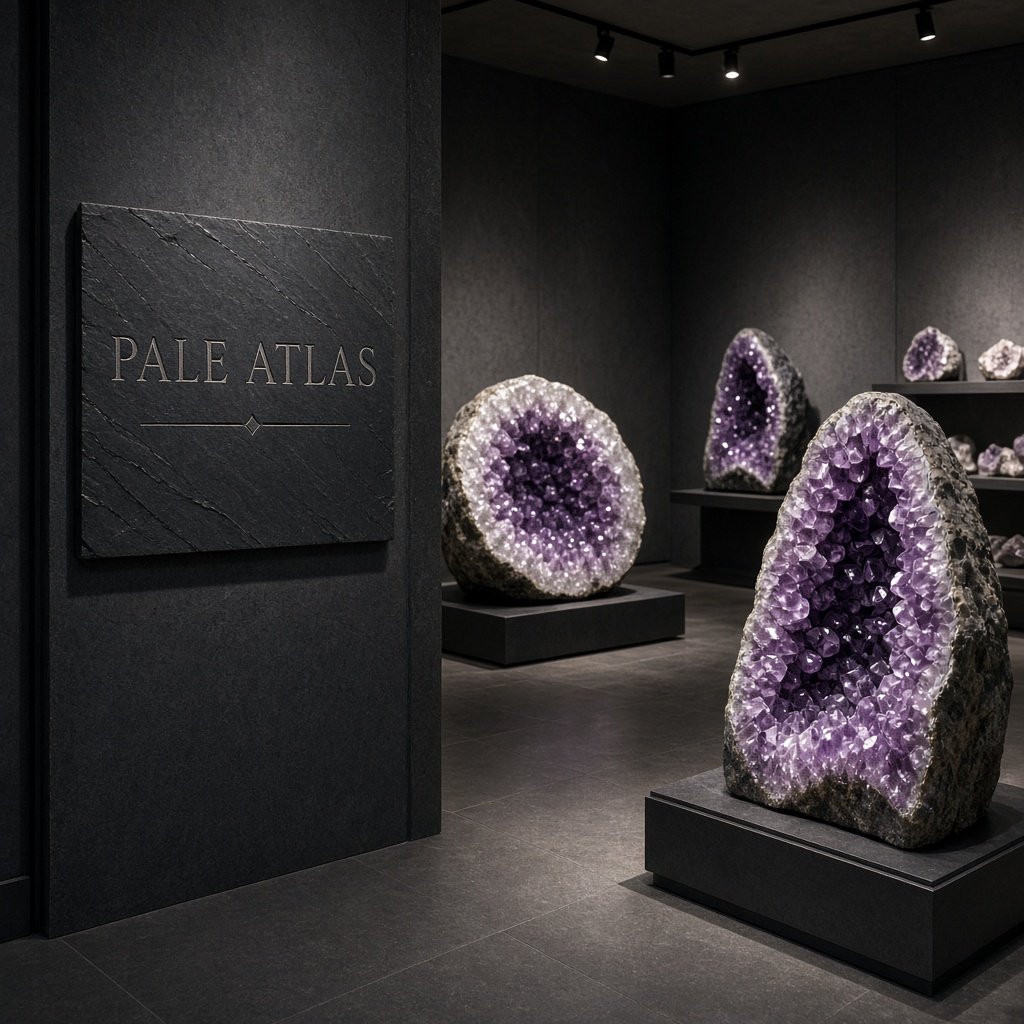 Within a quiet mineral gallery, amethyst clusters and polished geodes catch pools of light; "PALE ATLAS" is carved in clean capitals across a slate plaque beside the entrance. — Grok Imagine Image 2