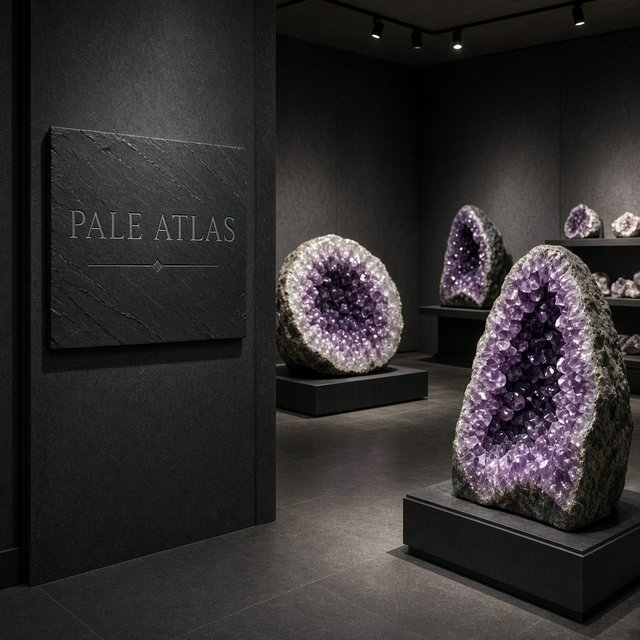 Within a quiet mineral gallery, amethyst clusters and polished geodes catch pools of light; "PALE ATLAS" is carved in clean capitals across a slate plaque beside the entrance. — Grok Imagine Image 2