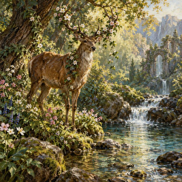 A majestic deer, its antlers intertwined with blooming vines, pauses by a crystal-clear stream in an enchanted glade. Sunlight filters through the canopy, dappling the forest floor. This is an oil painting with a rich, textured surface, capturing the dreamlike atmosphere of the scene. — GPT Image 2.5 Sunburst