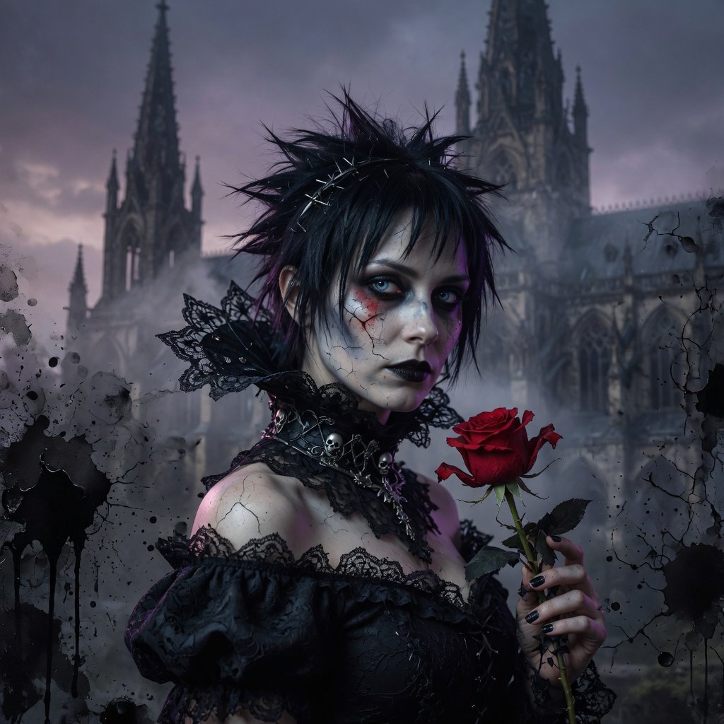 Atmospheric lighting creates soft background gradients through value blending, and surreal dark textures produce cracked surfaces and splatter via organic mark making. The fusion manifests as lace edges, dramatic chiaroscuro, and sharp focal contrast, transforming any subject through meticulous gothic surface modeling. A gothic woman depicted in 2026, with spiky black hair, blue eyes, and pale skin, wearing a black off-shoulder lace dress with a high ornate collar and puffed sleeves, holding a red rose. Close-up at eye level, the woman facing forward with her head slightly tilted, gazing directly at the viewer, holding a red rose in her right hand near her shoulder. Scene set before a gothic cathedral during overcast twilight, with misty atmosphere, featuring tall church spires in the background. — Grok Imagine Image Quality