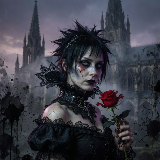 Atmospheric lighting creates soft background gradients through value blending, and surreal dark textures produce cracked surfaces and splatter via organic mark making. The fusion manifests as lace edges, dramatic chiaroscuro, and sharp focal contrast, transforming any subject through meticulous gothic surface modeling. A gothic woman depicted in 2026, with spiky black hair, blue eyes, and pale skin, wearing a black off-shoulder lace dress with a high ornate collar and puffed sleeves, holding a red rose. Close-up at eye level, the woman facing forward with her head slightly tilted, gazing directly at the viewer, holding a red rose in her right hand near her shoulder. Scene set before a gothic cathedral during overcast twilight, with misty atmosphere, featuring tall church spires in the background. — Grok Imagine Image Quality