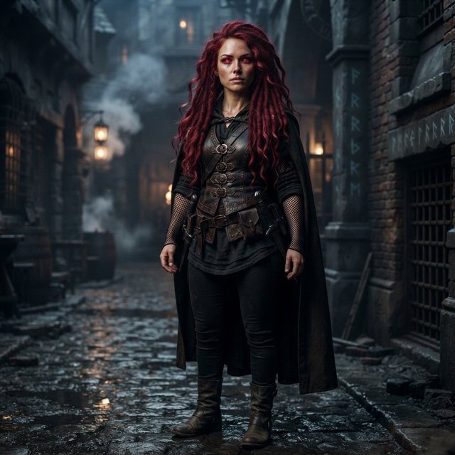 Fishnet grimdark fantasy. A suitable-for-TV-PG adult underworld agent with long crimson-red dreadlocked hair with flowing locks, ruby-red crystalline eyes, real skin pores, photographic rendering, and real material textures. No text. — Nano Banana 2 Lite