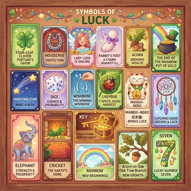 Many panels. Each panel represents an item, thing, creature, or scene that represents Luck. The word "Luck" appears at least once in the image. Be as creative as possible. — Nano Banana 2 Lite