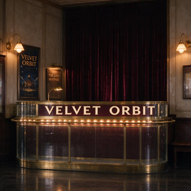 In a restored neighborhood cinema, brass sconces illuminate velvet curtains and a glass ticket booth; "VELVET ORBIT" is painted in ivory block letters across the booth’s burgundy fascia. — Seedream 5.0 Flash