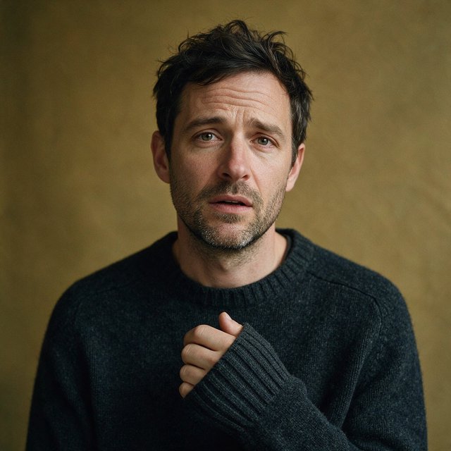 Editorial portrait of an adult man in his early 40s wearing a charcoal wool fisherman’s sweater, one hand loosely holding its ribbed cuff. His thoughtful, slightly tired expression rests against a muted ochre studio backdrop, shaped by gentle directional window light. — Seedream 5.0 Pro