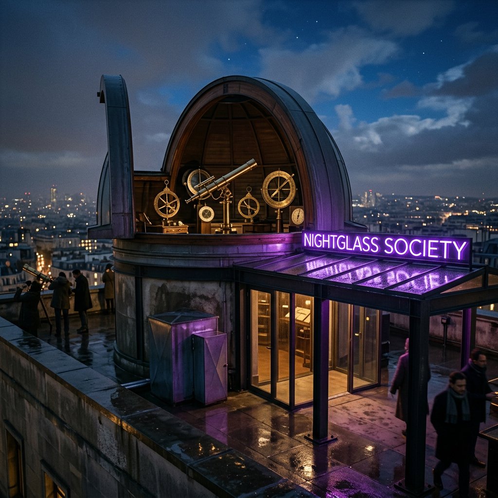 On a rain-darkened rooftop observatory, brass instruments gleam beneath a sliding dome while clouds part above the city; "NIGHTGLASS SOCIETY" glows in violet neon along the entrance canopy. — Nano Banana 2.1