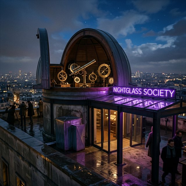 On a rain-darkened rooftop observatory, brass instruments gleam beneath a sliding dome while clouds part above the city; "NIGHTGLASS SOCIETY" glows in violet neon along the entrance canopy. — Nano Banana 2.1