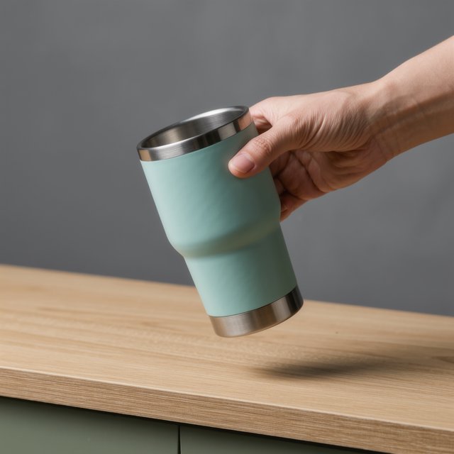An adult hand lifts an unbranded insulated travel mug, its matte sea-glass polymer body and brushed-steel rim catching softbox highlights above a pale oak counter; warm gray studio backdrop, broad diffused key and cool edge light, no face or lettering. — Kling v3 Omni