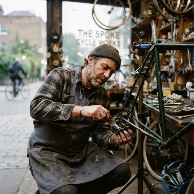 Candid documentary photograph of an adult repairing a bicycle at a quiet curbside workshop, cool morning window light, 50mm lens with shallow depth of field, grease smudges on their fingertips. — Nano Banana 2 Lite