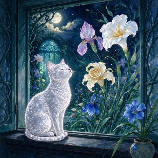 A whimsical cat with fur like spun moonlight sits on a windowsill overlooking a dreamlike garden. The garden is filled with oversized, fantastical flowers rendered in a soft, painterly style, with elements of Art Nouveau curves in the plant designs. The overall mood is serene and enchanting. — Model 19