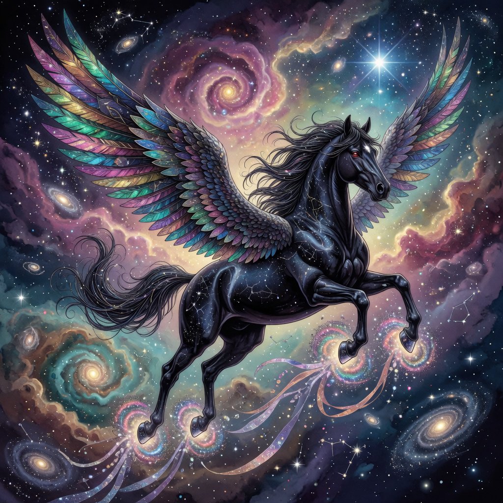A majestic winged horse, with iridescent feathers and a coat like polished obsidian, is soaring through a celestial realm filled with nebulae and shimmering stardust. Around its hooves, tiny galaxies spiral outwards. The style is reminiscent of intricate fantasy illustration, with glowing, ethereal colors and a sense of deep cosmic wonder — Grok Imagine Image Quality