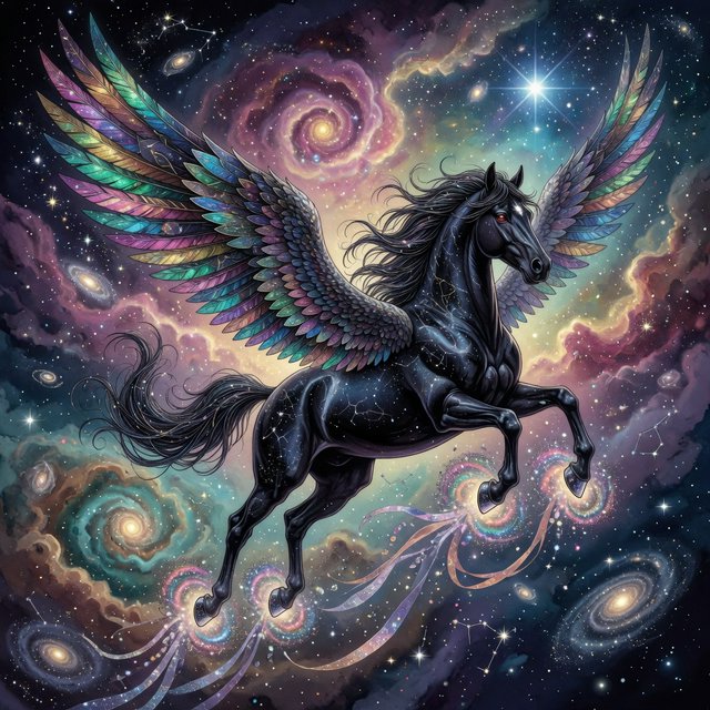 A majestic winged horse, with iridescent feathers and a coat like polished obsidian, is soaring through a celestial realm filled with nebulae and shimmering stardust. Around its hooves, tiny galaxies spiral outwards. The style is reminiscent of intricate fantasy illustration, with glowing, ethereal colors and a sense of deep cosmic wonder — Grok Imagine Image Quality
