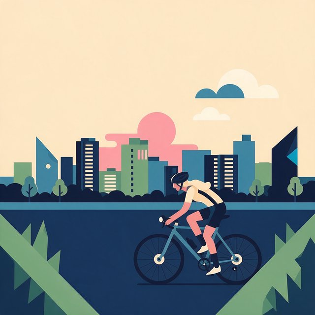 Flat vector illustration of a cyclist commuting through a city at sunrise, limited palette of five colours, geometric shapes. — Seedream 5.0 Pro