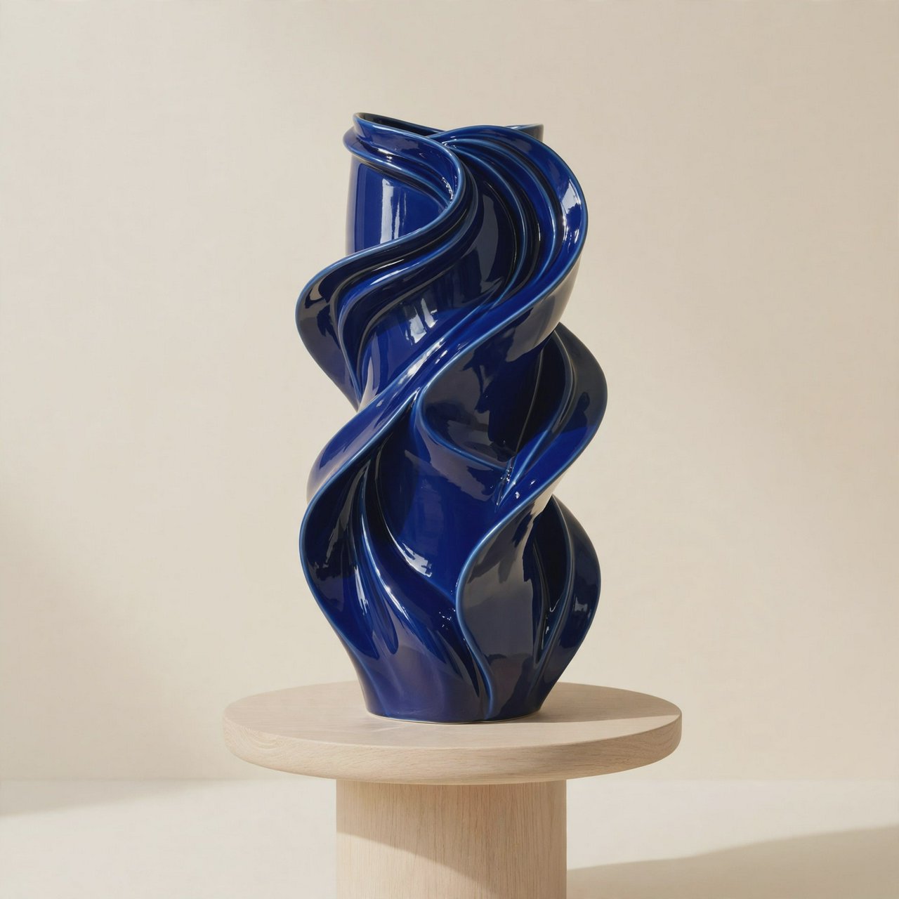 Commercial product photograph of an unbranded sculptural ceramic vase, formed from glossy cobalt porcelain, standing on a pale oak pedestal against a warm ivory background, illuminated by soft directional daylight and subtle fill. — Muse Image 1.0