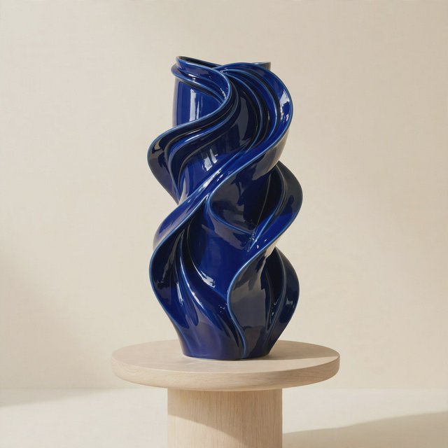 Commercial product photograph of an unbranded sculptural ceramic vase, formed from glossy cobalt porcelain, standing on a pale oak pedestal against a warm ivory background, illuminated by soft directional daylight and subtle fill. — Muse Image 1.0