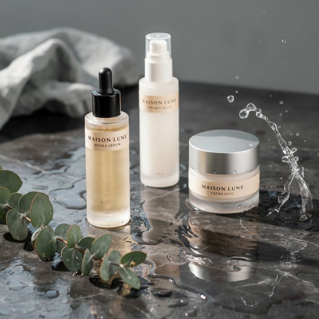 Three frosted glass skincare bottles on a wet stone surface with a splash of water, morning light, shallow depth of field. — Ideogram v4