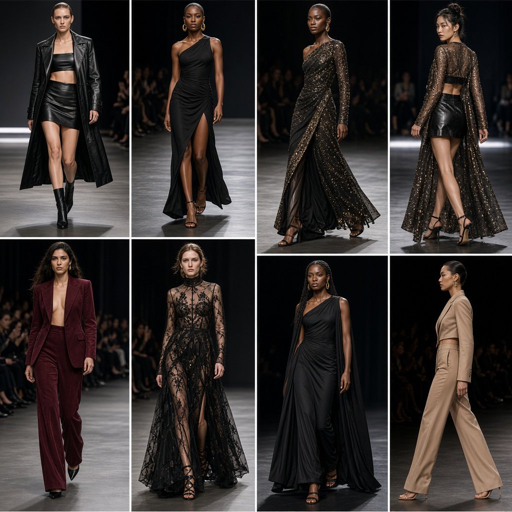 Adult female fashion models on the runway. There are models of all races: white, Black, Asian, Mexican, Indian, mixed race, etc. The vibe is cool and fierce. Many angles. — Grok Imagine Image 2